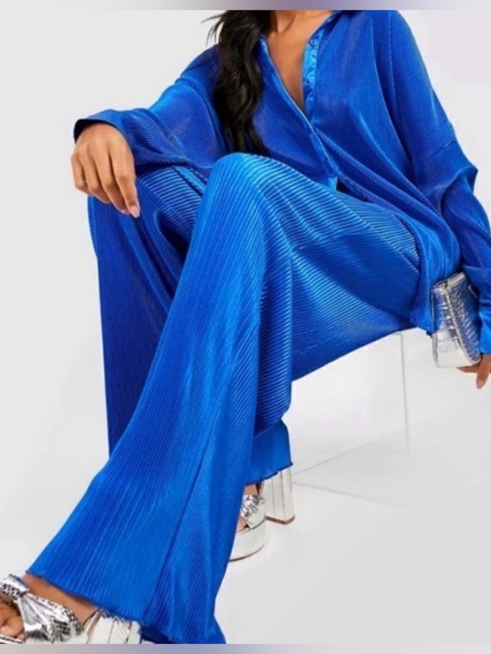 Nasty Gal Women’s Blue Pleated Button-Up Shirt&pants Set